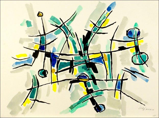 PROMENADE DANS LE BOIS, 1955, 18x24cm, dessin encre et aquarelle sur papier, signé, daté.