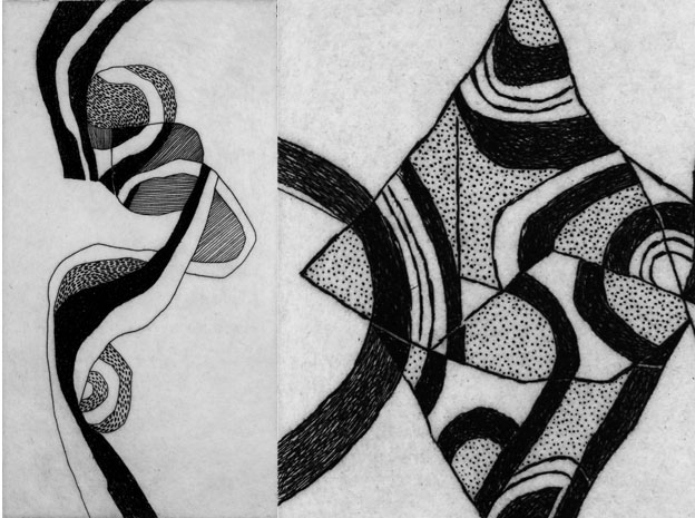 < COUPE GÉOLOGIQUE, 1972, eau-forte, 325x171 mm. > VALET DE CARTES (détail), 1972, eau-forte,301x175 mm.
