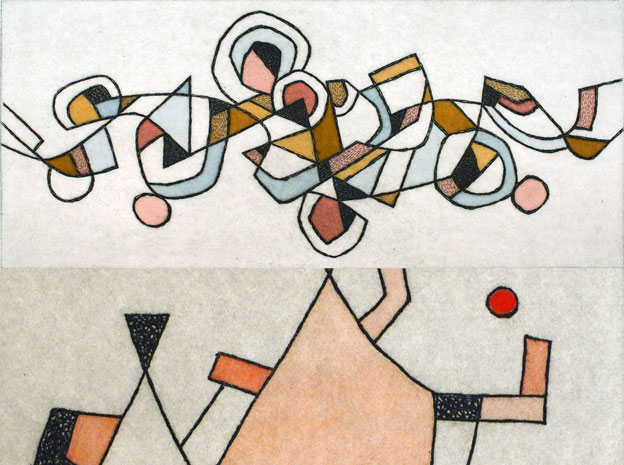 ˄ UN CHEMIN POUR L’AUTOMNE, 1983, eau-forte, 210x500 mm. ˅ JONGLEURS (détail), 1987, eau-forte, 180x130 mm.