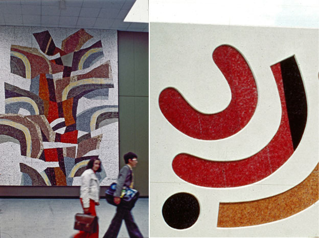 < CÉLÉBRATION DE L’AUTOMNE, 1974-75, mosaïque, Loudun. > LA FÊTE AUX JAUNES... 1974-75, mosaïque, Rennes.