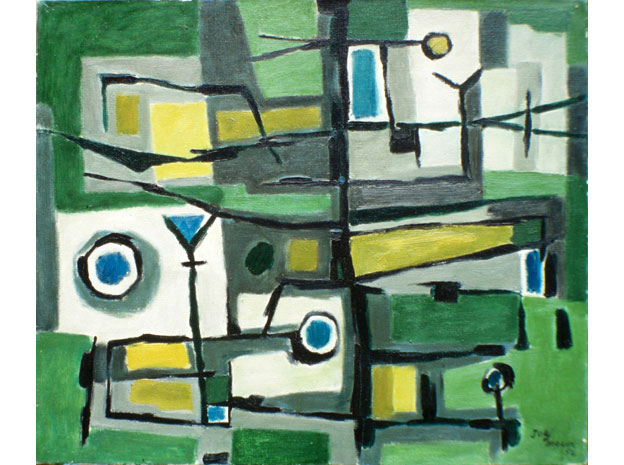 54-02 LABYRINTHE 54, 1954, huile, 46x55cm, signé Jorj Morin en bas à droite.