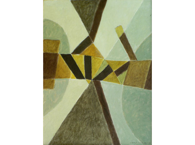 75-03 CONSTRUCTION HÉSITANTE, 1975, peinture à l’huile et acrylique, 100x73cm, signé Jorj Morin en bas à droite.