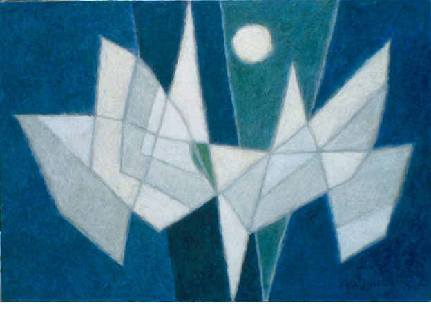 87-01 L’OISEAU BLANC (II), 1987, peinture acrylique, 81x116cm, signé Jorj Morin en bas à droite.