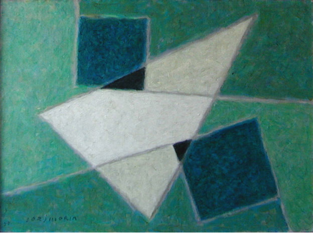 90-01 GÉOMÉTRIE DANS L’ESPACE, 1990, 60x81cm, acrylique, signé Jorj Morin en bas à gauche.