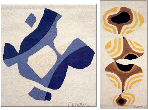 < PETITE FLEUR BLEUE, tapisserie 102x104cm, lissier P. Cartron. > QUATRE AGATES, 1975, tapisserie 157x72cm, lissier P. Cartron.